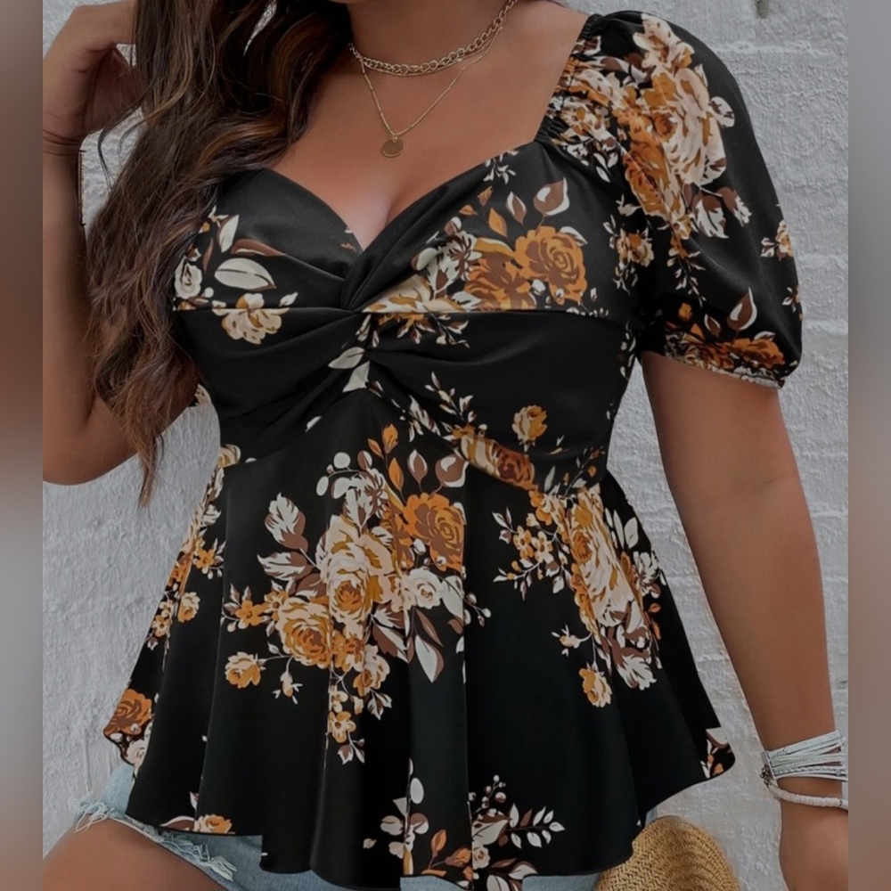 Womens Elegant Floral Puff Sleeve Blouse - Black and Orange